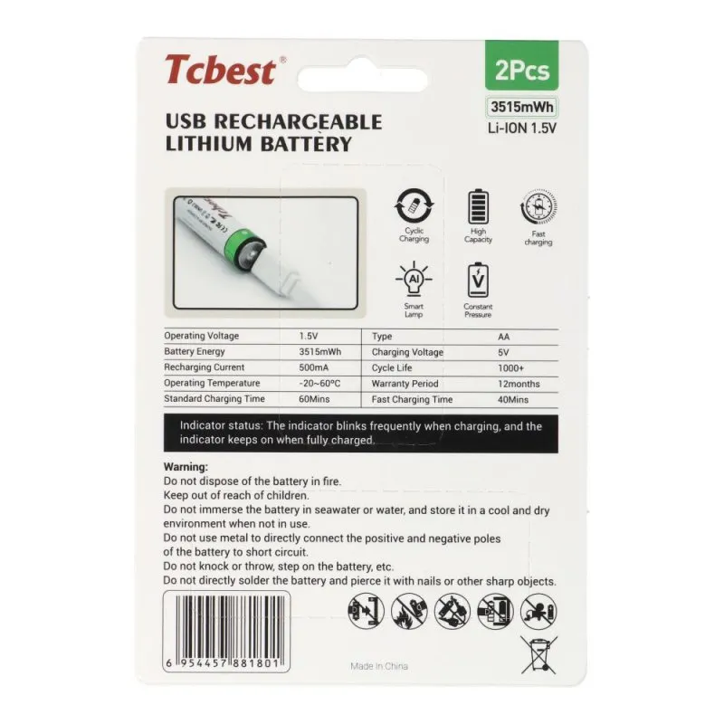 Punjiva baterija TCBEST R6 (AA) 950 mAh sa soketom Type C + USB A kabal 2 x Type C (2 kom)