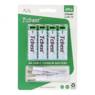 Punjiva baterija TCBEST R6 (AA) 750 mAh sa soketom Type C + USB A kabal 4 x Type C (4 kom)