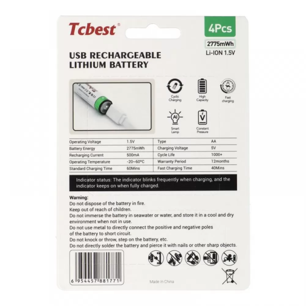 Punjiva baterija TCBEST R6 (AA) 750 mAh sa soketom Type C + USB A kabal 4 x Type C (4 kom)