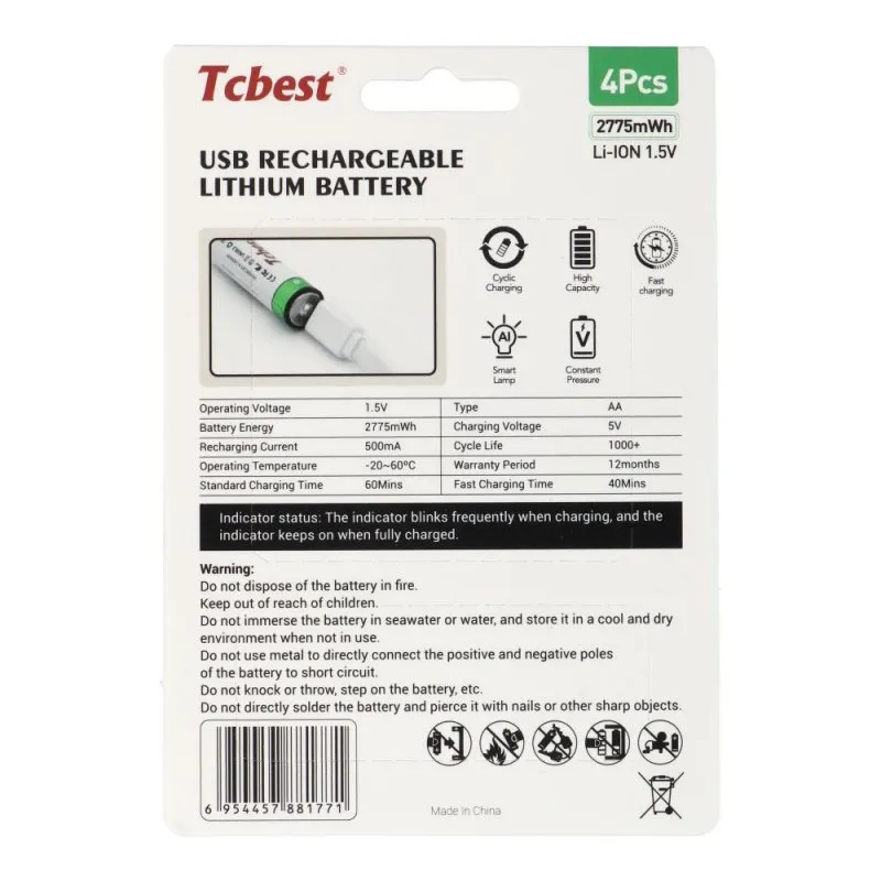 Punjiva baterija TCBEST R6 (AA) 750 mAh sa soketom Type C + USB A kabal 4 x Type C (4 kom)