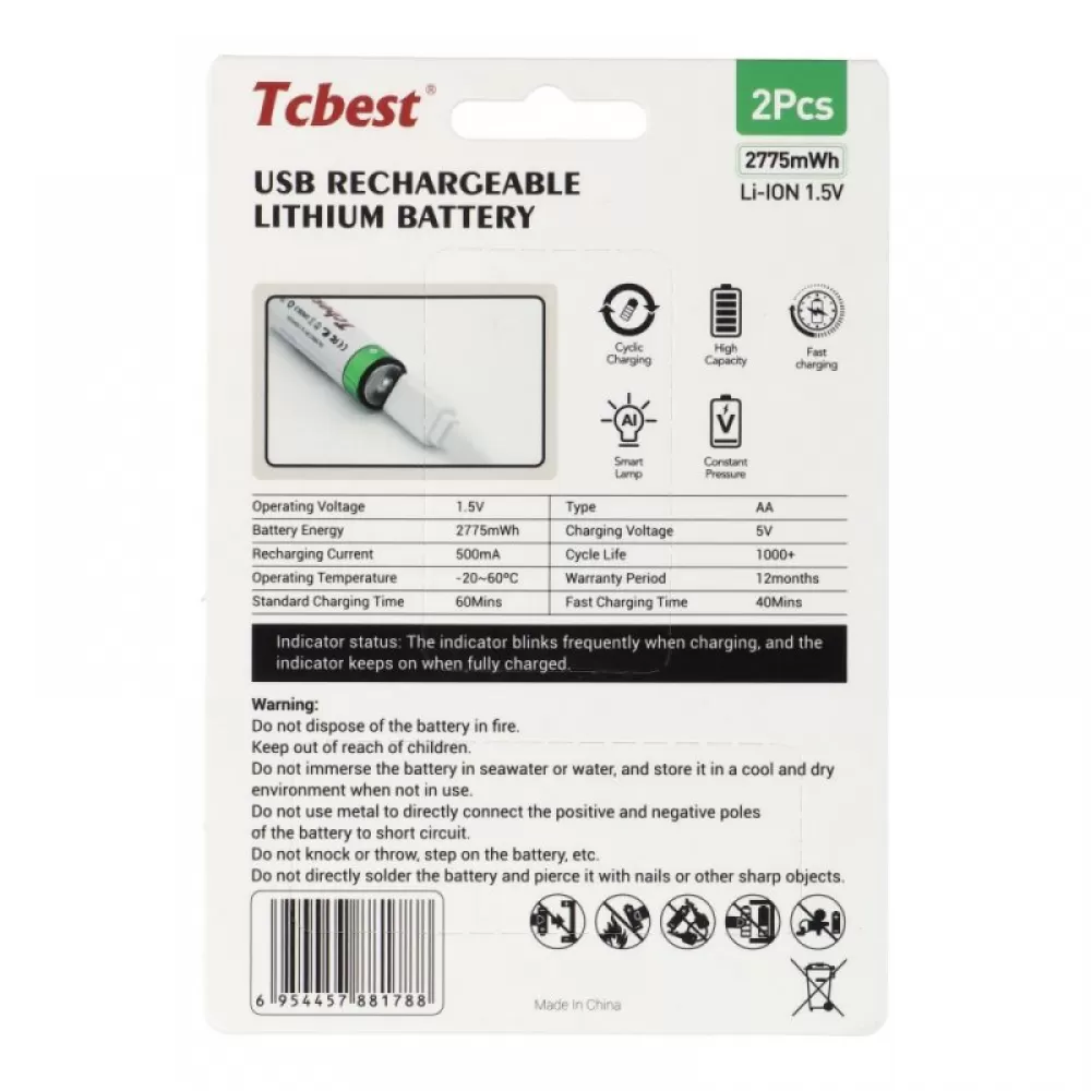 Punjiva baterija TCBEST R6 (AA) 750 mAh sa soketom Type C + USB A kabal 2 x Type C (2 kom)