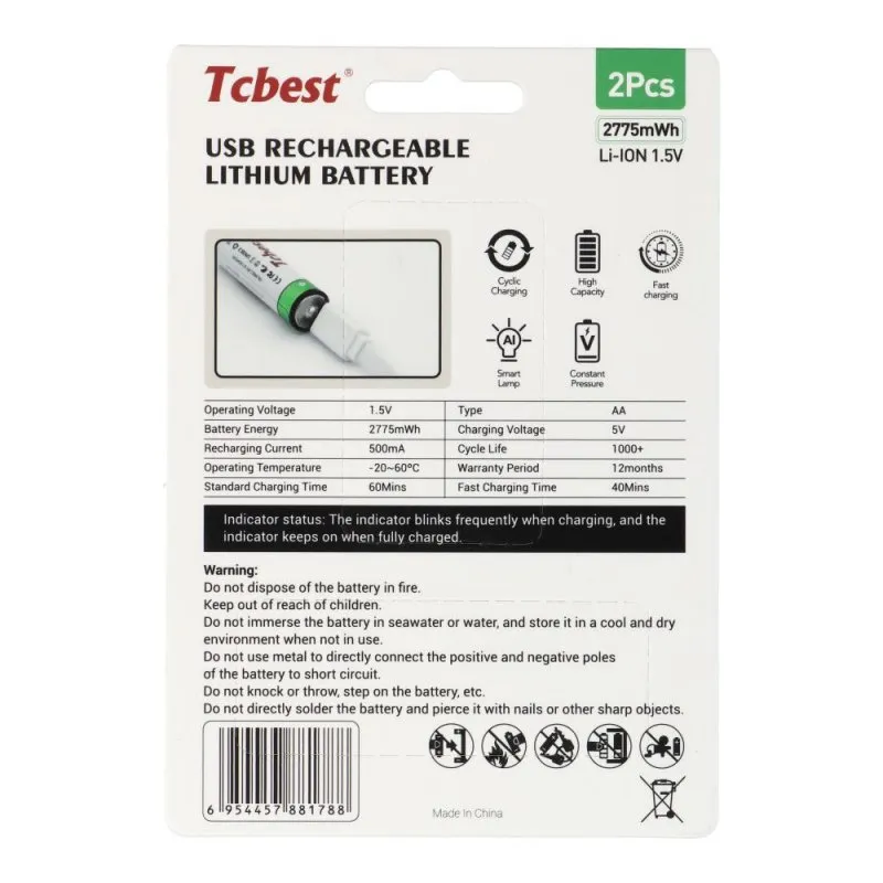 Punjiva baterija TCBEST R6 (AA) 750 mAh sa soketom Type C + USB A kabal 2 x Type C (2 kom)