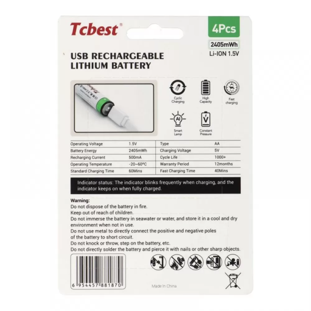 Punjiva baterija TCBEST R6 (AA) 650 mAh sa soketom Type C + USB A kabal 4 x Type C (4 kom)