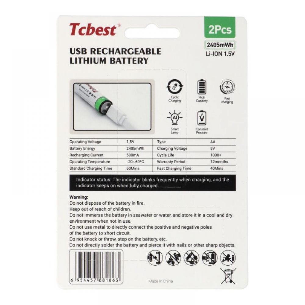 Punjiva baterija TCBEST R6 (AA) 650 mAh sa soketom Type C + USB A kabal 2 x Type C (2 kom)