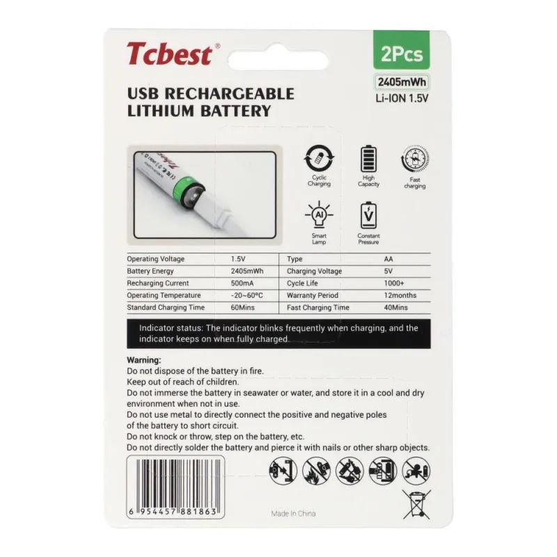 Punjiva baterija TCBEST R6 (AA) 650 mAh sa soketom Type C + USB A kabal 2 x Type C (2 kom)