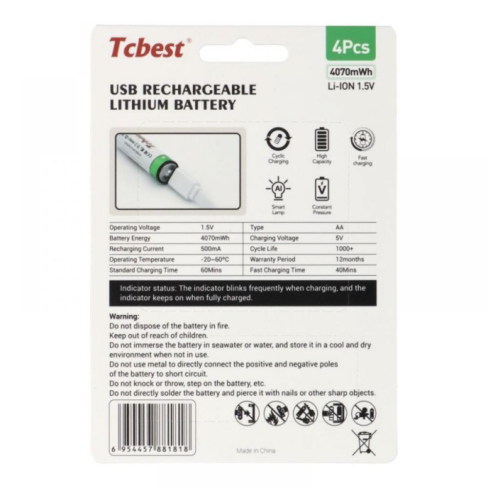 Punjiva baterija TCBEST R6 (AA) 1100 mAh sa soketom Type C + USB A kabal 4 x Type C (4 kom)
