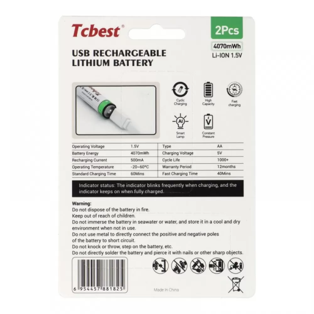 Punjiva baterija TCBEST R6 (AA) 1100 mAh sa soketom Type C + USB A kabal 2 x Type C (2 kom)