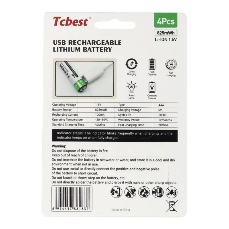 Punjiva baterija TCBEST R3 (AAA) 220 mAh sa soketom Type C + USB A kabal 4 x Type C (4 kom)
