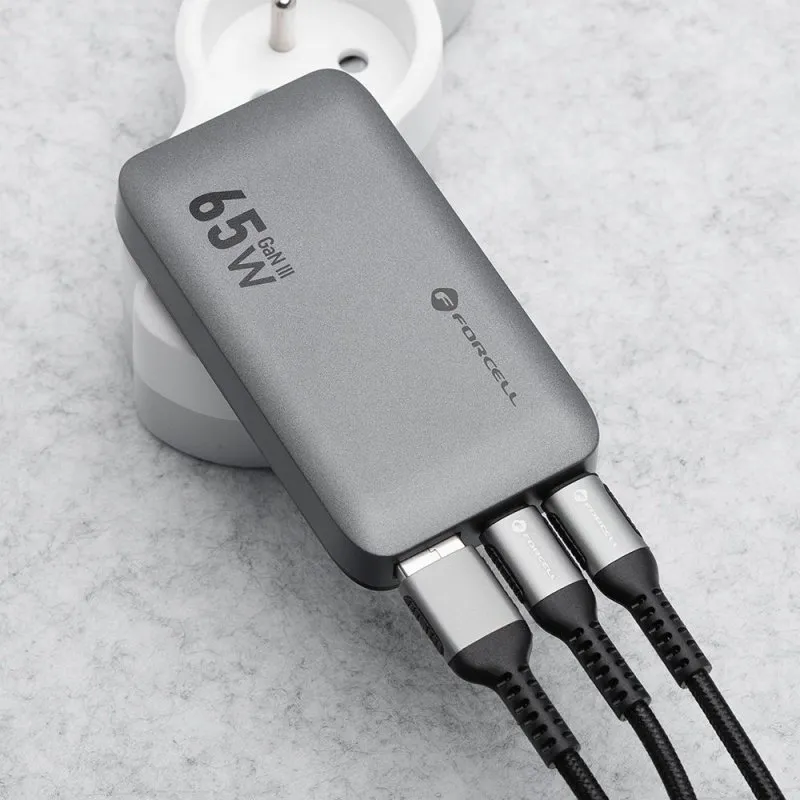 FORCELL F-ENERGY GaN III VT-47 Ultra Slim kucni punjac 2 x Type C + USB A PD QC4.0 4A 65W sivi