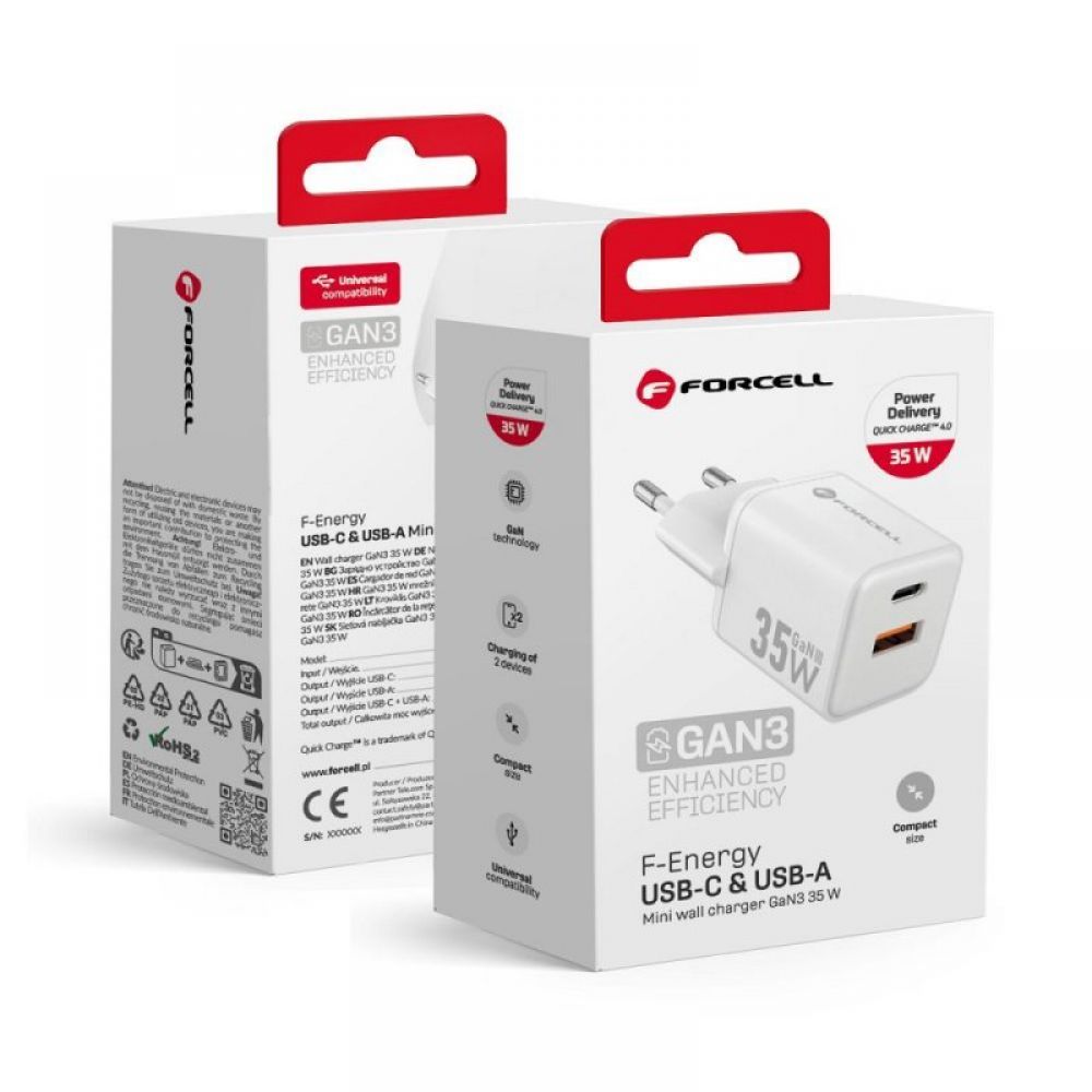 FORCELL F-ENERGY Mini GaN III VT-35C kucni punjac 1 x Type C + 1 x USB A. PD QC4.0 35W bela