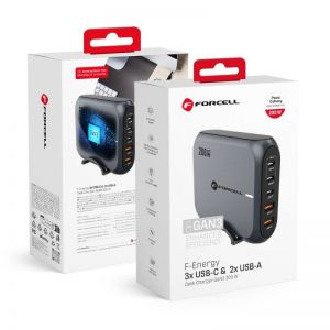 FORCELL F-ENERGY GaN III VT-51 desktop punjac 3 x Type C + 2 x USB A PD QC4.0 SFC2.0 5A 200W sivi