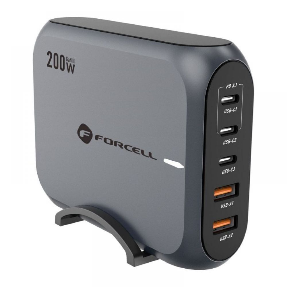 FORCELL F-ENERGY GaN III VT-51 desktop punjac 3 x Type C + 2 x USB A PD QC4.0 SFC2.0 5A 200W sivi