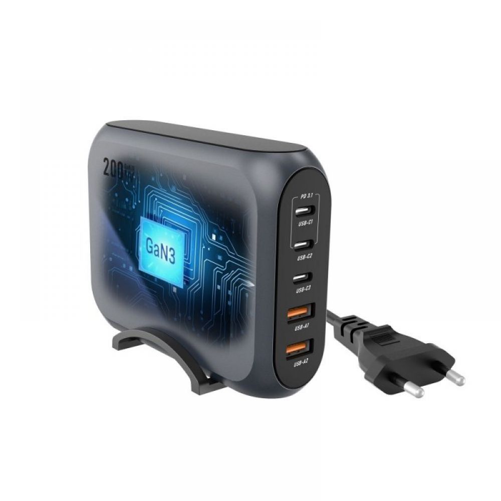 FORCELL F-ENERGY GaN III VT-51 desktop punjac 3 x Type C + 2 x USB A PD QC4.0 SFC2.0 5A 200W sivi
