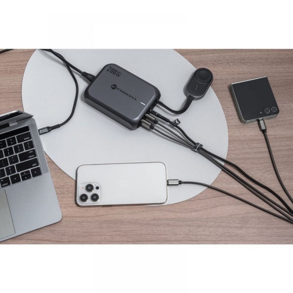 FORCELL F-ENERGY GaN III VT-51 desktop punjac 3 x Type C + 2 x USB A PD QC4.0 SFC2.0 5A 200W sivi