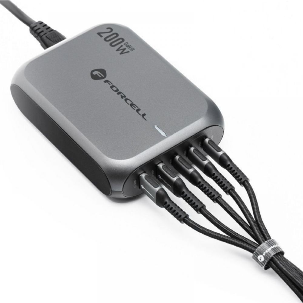 FORCELL F-ENERGY GaN III VT-51 desktop punjac 3 x Type C + 2 x USB A PD QC4.0 SFC2.0 5A 200W sivi