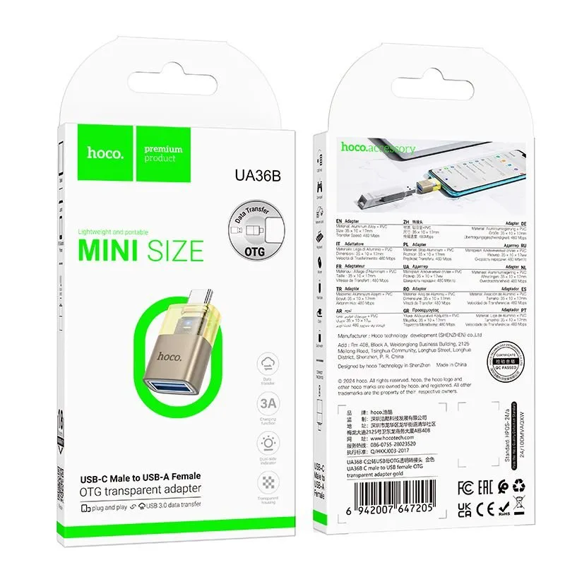 HOCO adapter OTG Type C (muski) â†’ USB A (zenski) UA36B zlatni