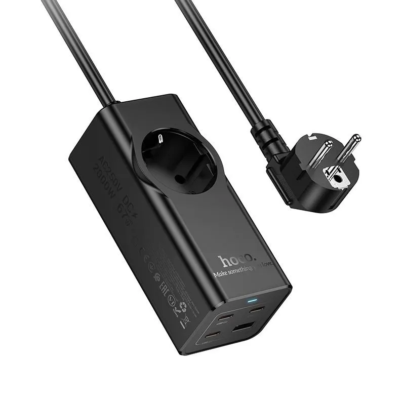 HOCO produzni kabal (kabl) 1 uticnica + USB A + 3 x Type C PD QC3.0 3A 67W NS9 2 m crni