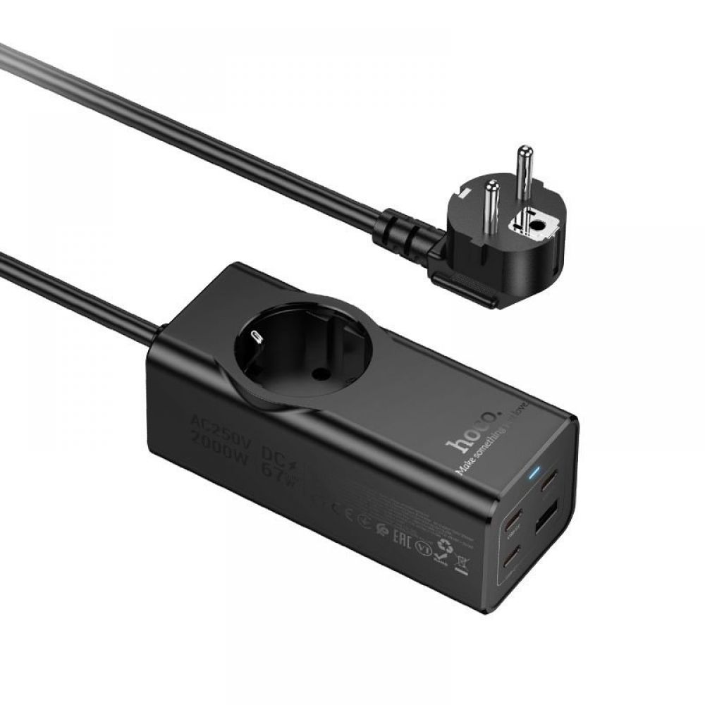 HOCO produzni kabal (kabl) 1 uticnica + USB A + 3 x Type C PD QC3.0 3A 67W NS9 2 m crni