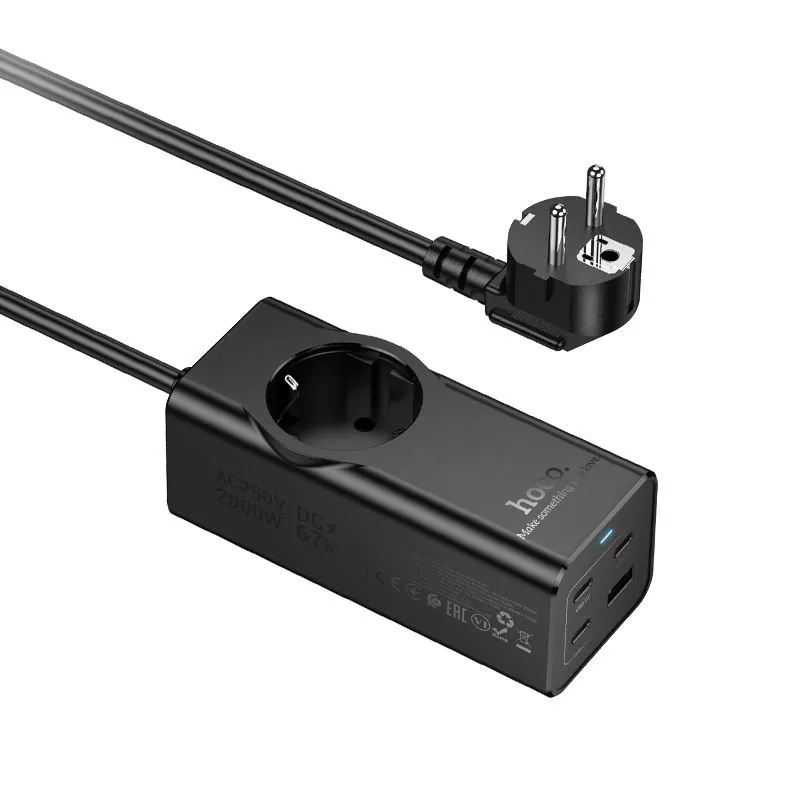 HOCO produzni kabal (kabl) 1 uticnica + USB A + 3 x Type C PD QC3.0 3A 67W NS9 2 m crni