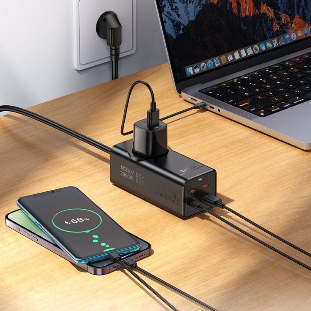 HOCO produzni kabal (kabl) 1 uticnica + USB A + 3 x Type C PD QC3.0 3A 67W NS9 2 m crni