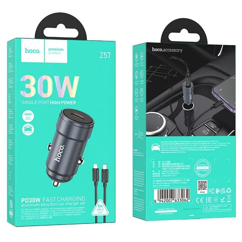 HOCO auto punjac Type C + Type C na Lightning PD QC30W Z57 metal sivi