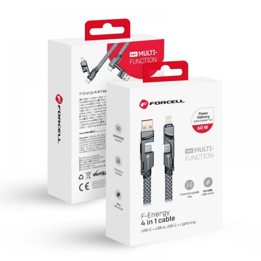 FORCELL F-ENERGY C241 4u1 kabal (kabl) Type C / USB A na Type C / Lightning QC PD 3A 60W 1 m krom