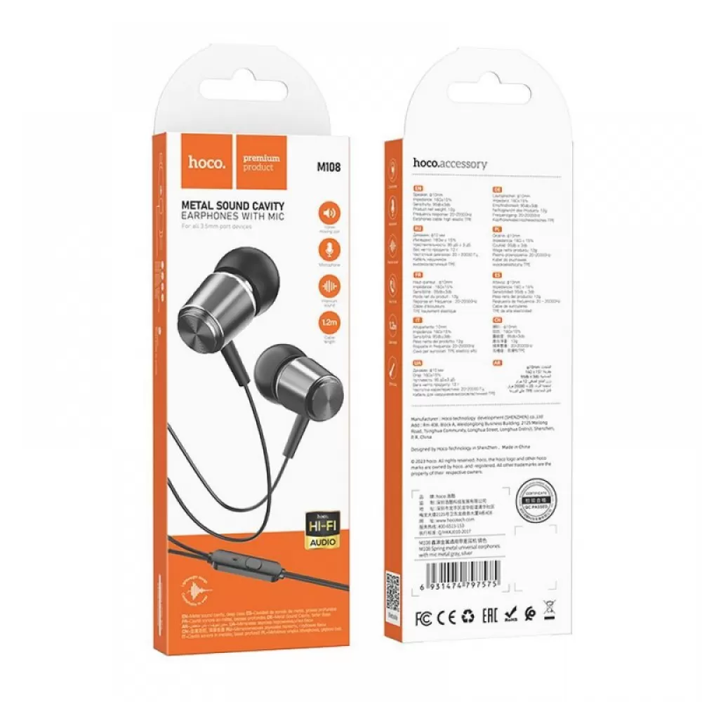 HOCO zicne slusalice Jack 3,5 mm s mikrofonom M108 metalno sive