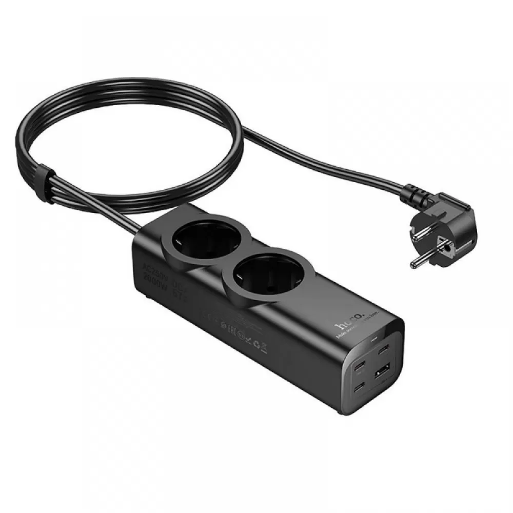 HOCO produzni kabal (kabl) 2 uticnice + USB A + 3 × Type C PD QC3.0 3A 67W NS10 2 m crni