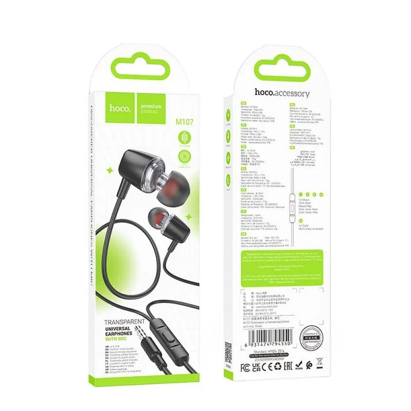 HOCO zicane slusalice Jack 3.5 mm sa mikrofonom M107 crne