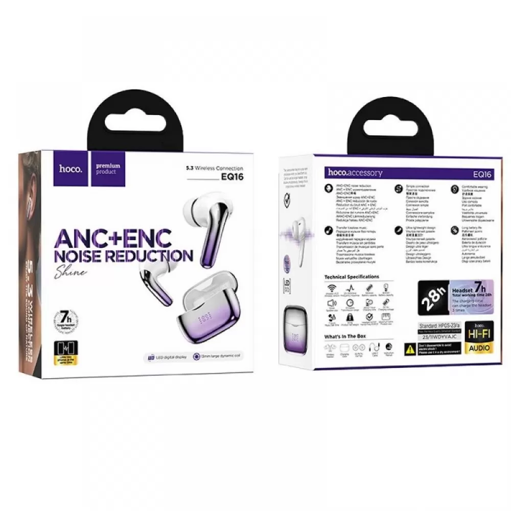 HOCO bežične Bluetooth slušalice TWS ANC + ENC EQ16 ljubicasta