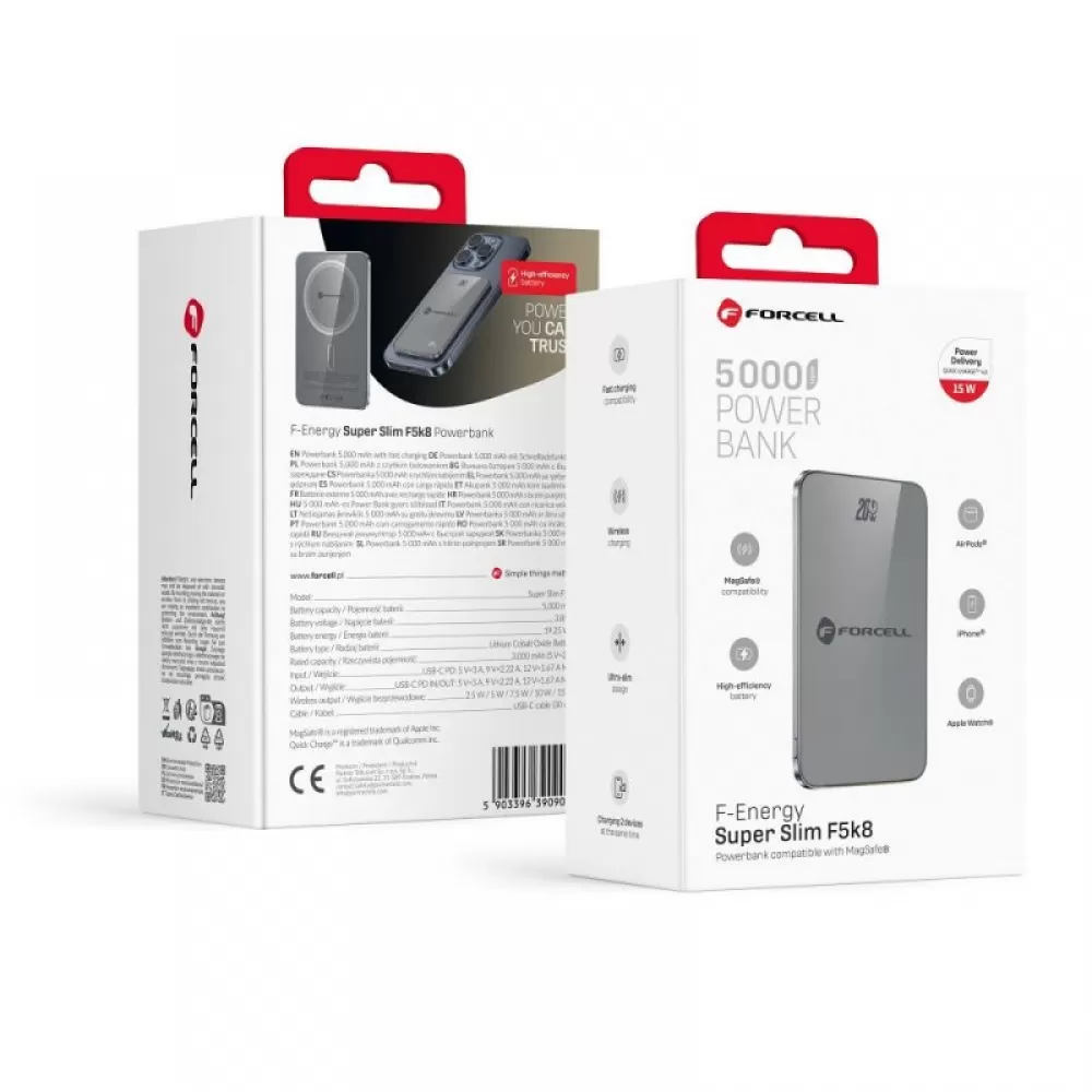 FORCELL F-ENERGY F5K8 Super Slim powerbank kompatibilan sa MagSafe PD3.0 QC4.0 15W 5000 mAh siva