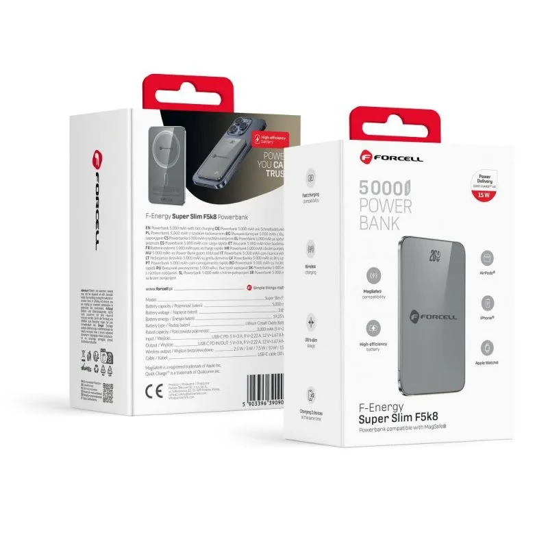 FORCELL F-ENERGY F5K8 Super Slim powerbank kompatibilan sa MagSafe PD3.0 QC4.0 15W 5000 mAh siva
