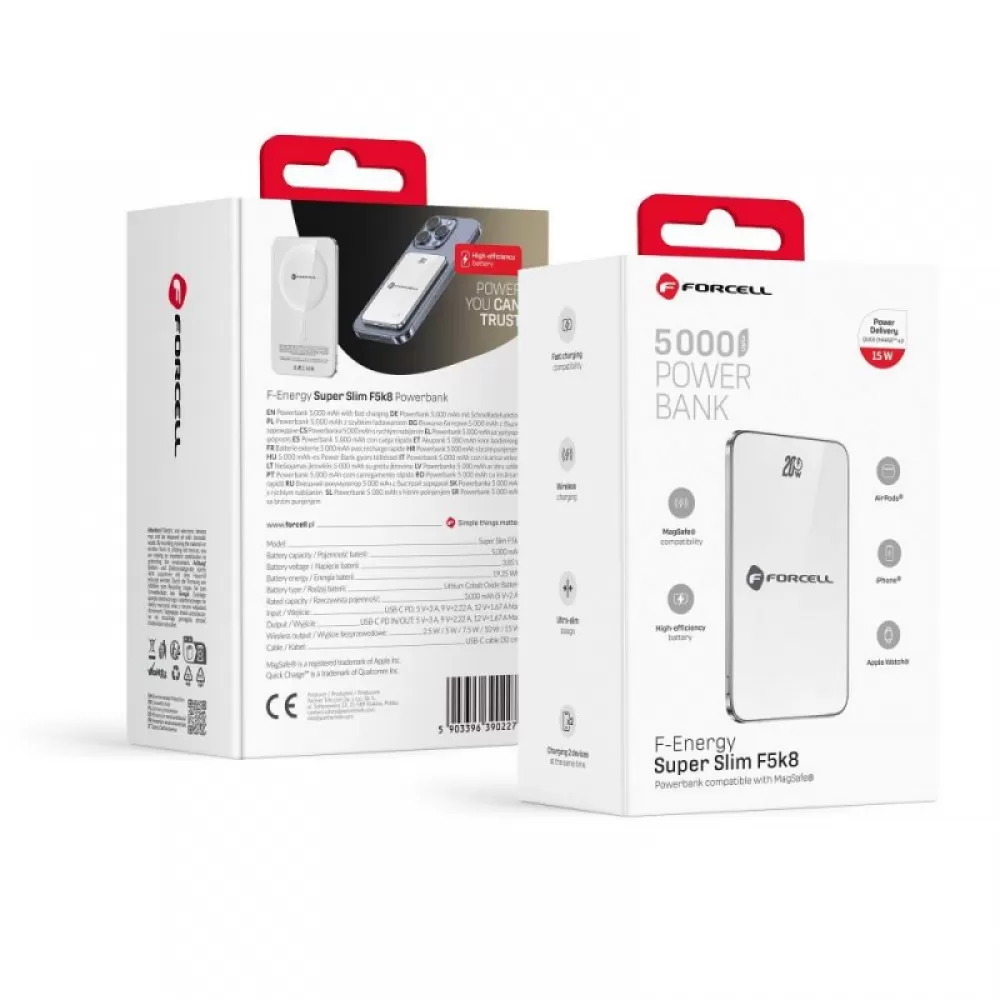 FORCELL F-ENERGY F5K8 Super Slim powerbank kompatibilan sa MagSafe PD3.0 QC4.0 15W 5000 mAh bela
