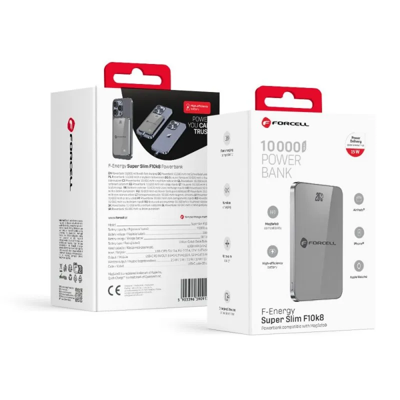 FORCELL F-ENERGY F10K8 Super Slim powerbank kompatibilan sa MagSafe PD3.0 QC4.0 15W 10000 mAh siva