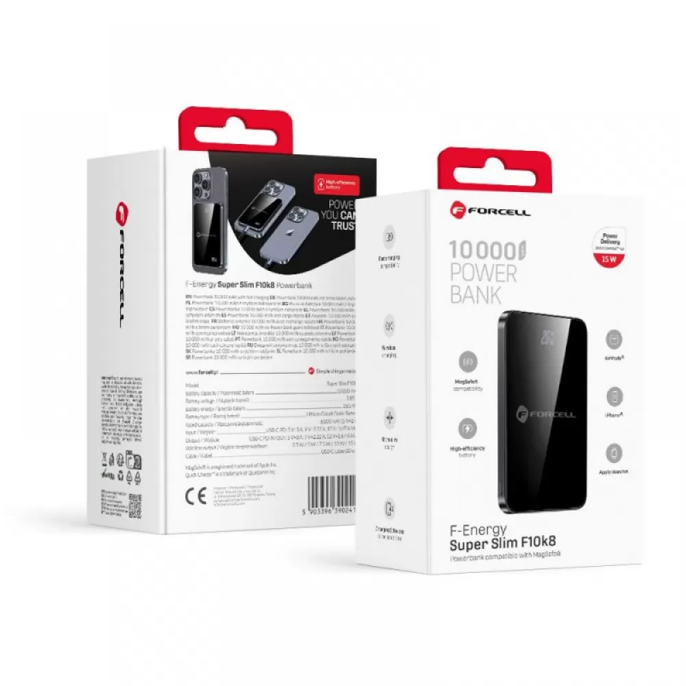 FORCELL F-ENERGY F10K8 Super Slim powerbank kompatibilan sa MagSafe PD3.0 QC4.0 15W 10000 mAh crna