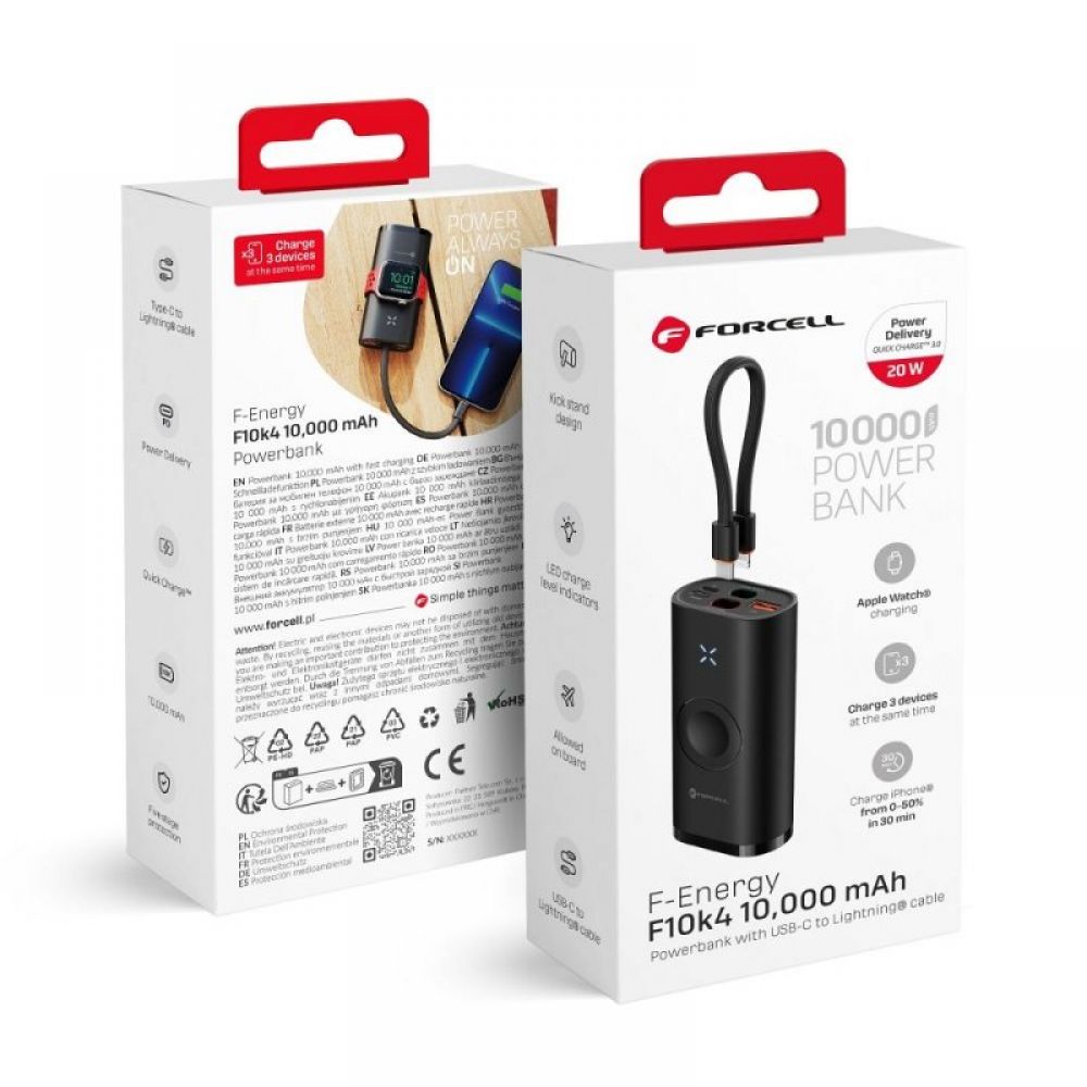 FORCELL F-ENERGY F10K4 powerbank kompatibilan sa Apple Watch PD QC3.0 3A 22.5W 10000 mAh crni