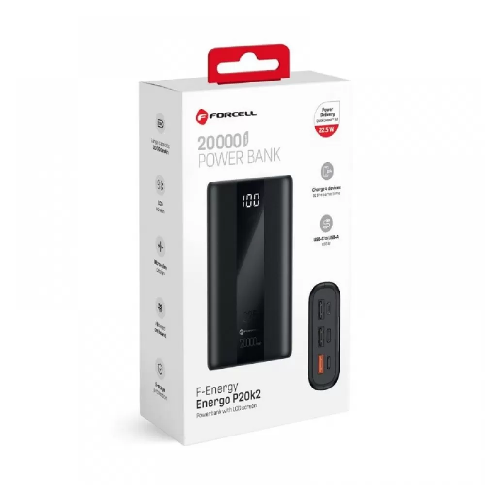 FORCELL F-ENERGY P20K2 Energo powerbank PD QC3.0 3A 22.5W 20000 mAh crni