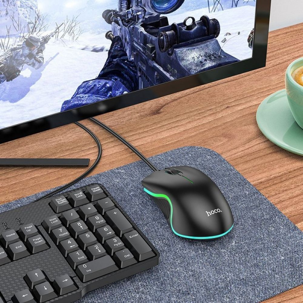 HOCO žičani kompjuterski miš USB A 1000 DPI sa osvetljenjem GM19 crni
