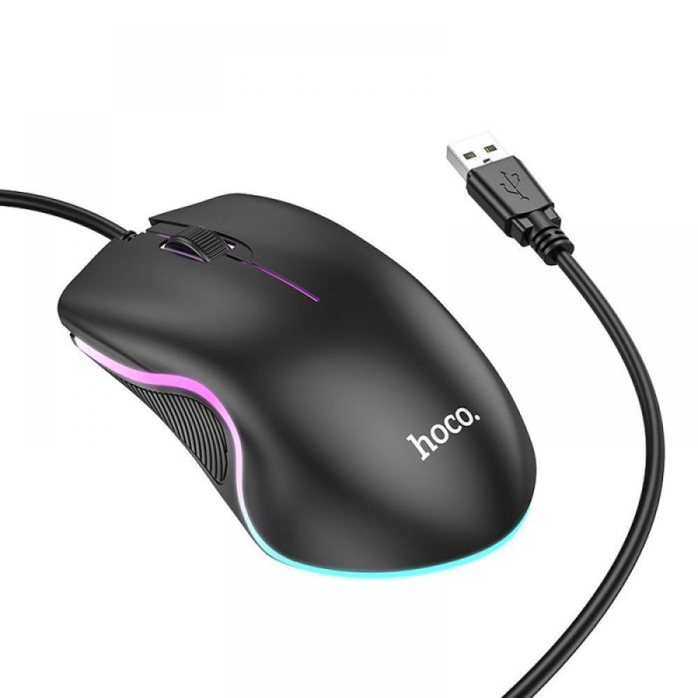 HOCO žičani kompjuterski miš USB A 1000 DPI sa osvetljenjem GM19 crni