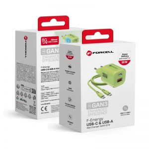 FORCELL F-ENERGY Crystal Color GaN III VT-41 putni punjač sa silikonskim kablom sa 1 x Type C + 1x USB A utičnicama. PD QC4.0 33W zeleni