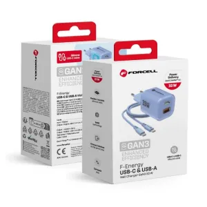 Kucni punjac FORCELL F-ENERGY Crystal Color GaN III VT-41  sa silikonskim kablom sa 1 x Type C + 1x USB A utičnicama. PD QC4.0 33W plavi