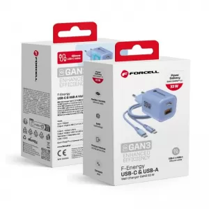 FORCELL F-ENERGY Crystal Color GaN III VT-41 putni punjač sa silikonskim kablom sa 1 x Type C + 1x USB A utičnicama. PD QC4.0 33W plavi