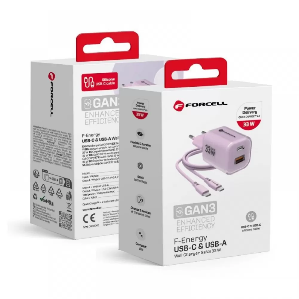 FORCELL F-ENERGY Crystal Color GaN III VT-41 putni punjač sa silikonskim kablom sa 1 x Type C + 1x USB A utičnicama. PD QC4.0 33W ljubičasti