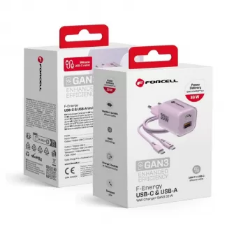 FORCELL F-ENERGY Crystal Color GaN III VT-41 putni punjač sa silikonskim kablom sa 1 x Type C + 1x USB A utičnicama. PD QC4.0 33W ljubičasti