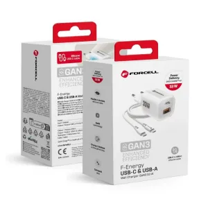 Kucni punjacFORCELL F-ENERGY Crystal Color GaN III VT-41  sa silikonskim kablom sa 1 x Type C + 1x USB A utičnicama. PD QC4.0 33W beli