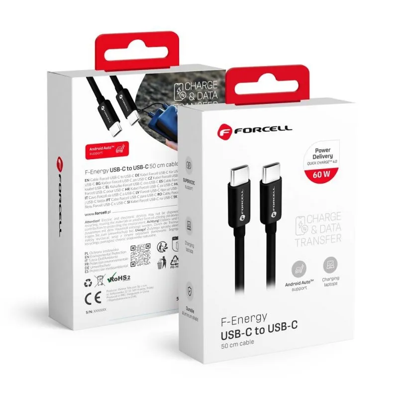 FORCELL F-ENERGY C338 kabl Type C na Type C PD QC4.0 3A 60W 0.5 m crna