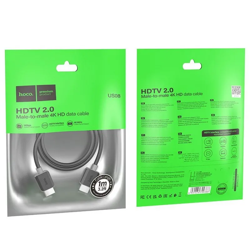 HOCO kabl HDMI na HDMI ver. 2.0 4K/60Hz US08 1 m crna