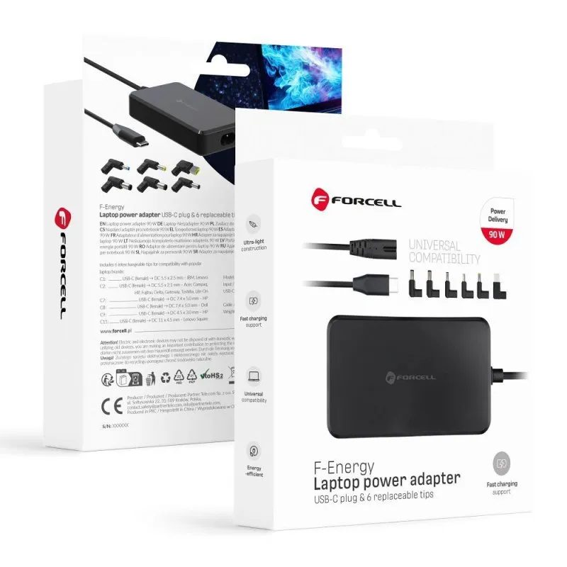 FORCELL F-ENERGY E856 univerzalni punjac za laptop 90W (6 adaptera) crni