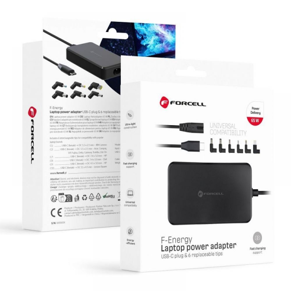 FORCELL F-ENERGY E856 univerzalni punjac za laptop 65W (6 adaptera) crni