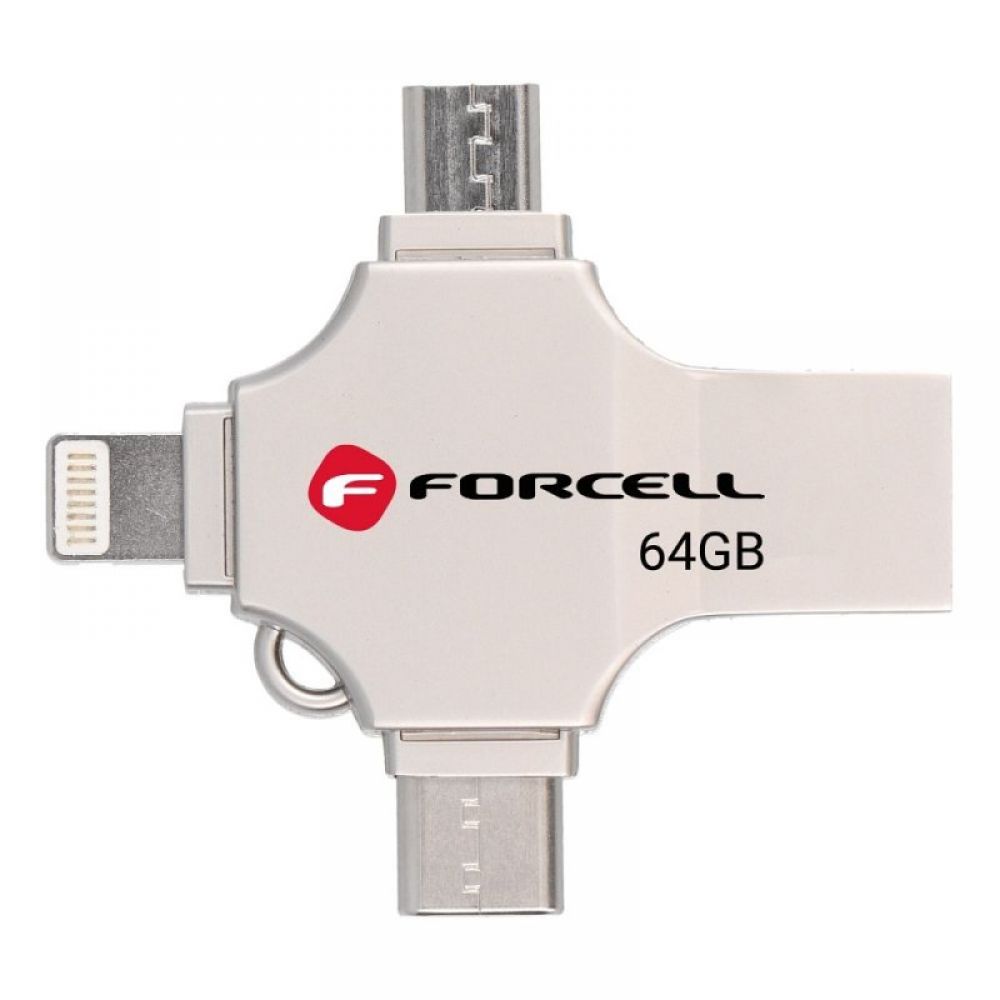 FORCELL F-DATA Metal Quad 64 GB USB fles USB 3.2 Gen 1 (USB A/Type C/Lightning/Micro USB) srebrni